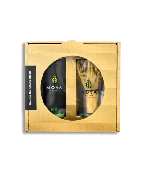 Moya Matcha daglig sett med 30g te-boks og tradisjonell bambus chasen-visp.