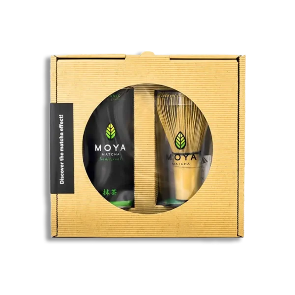 Moya Matcha daglig sett med 30g te-boks og tradisjonell bambus chasen-visp.