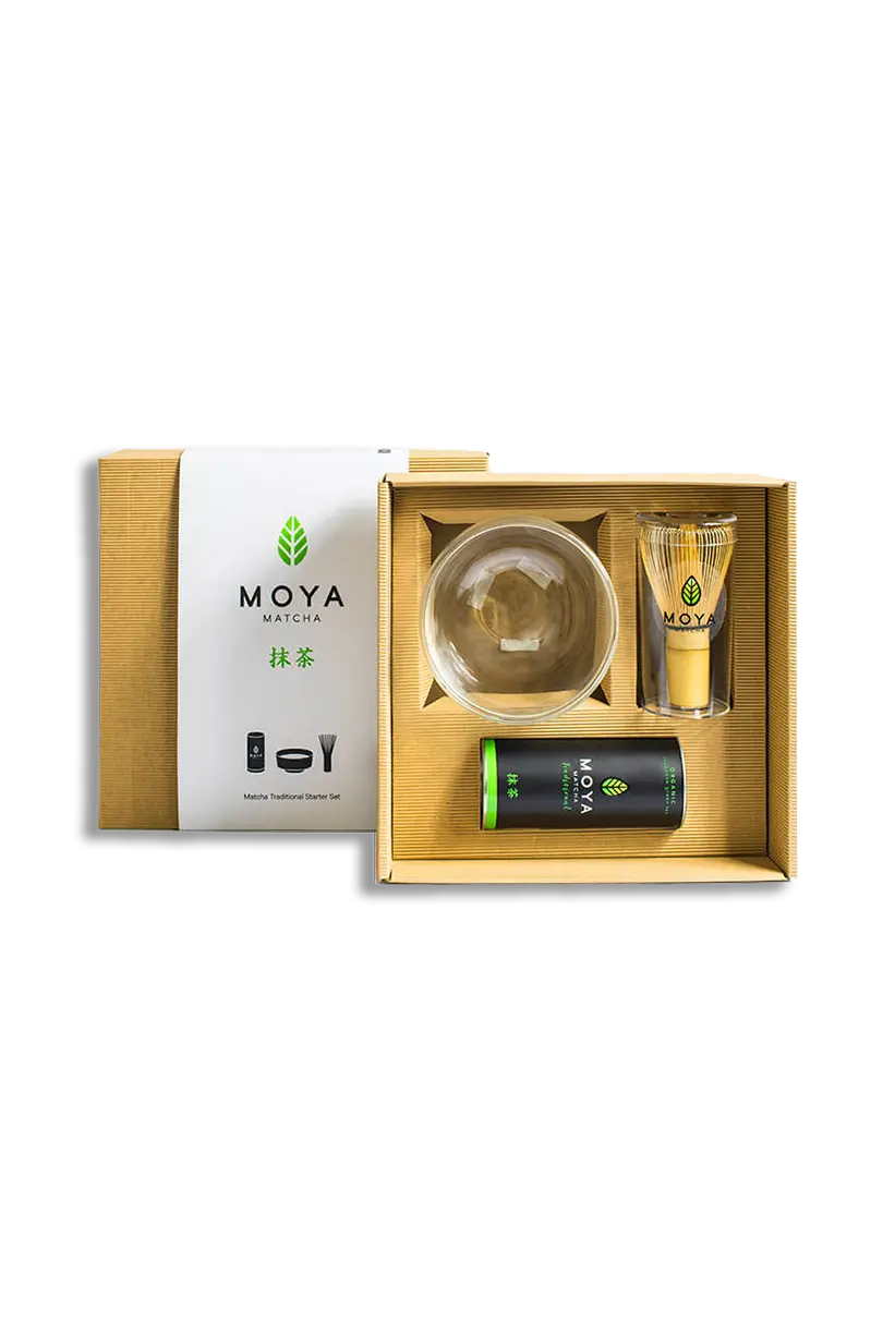 Komplett Glass matcha bolle starter set med dobbeltvegget glasskål, bambusvisp og økologisk matcha.