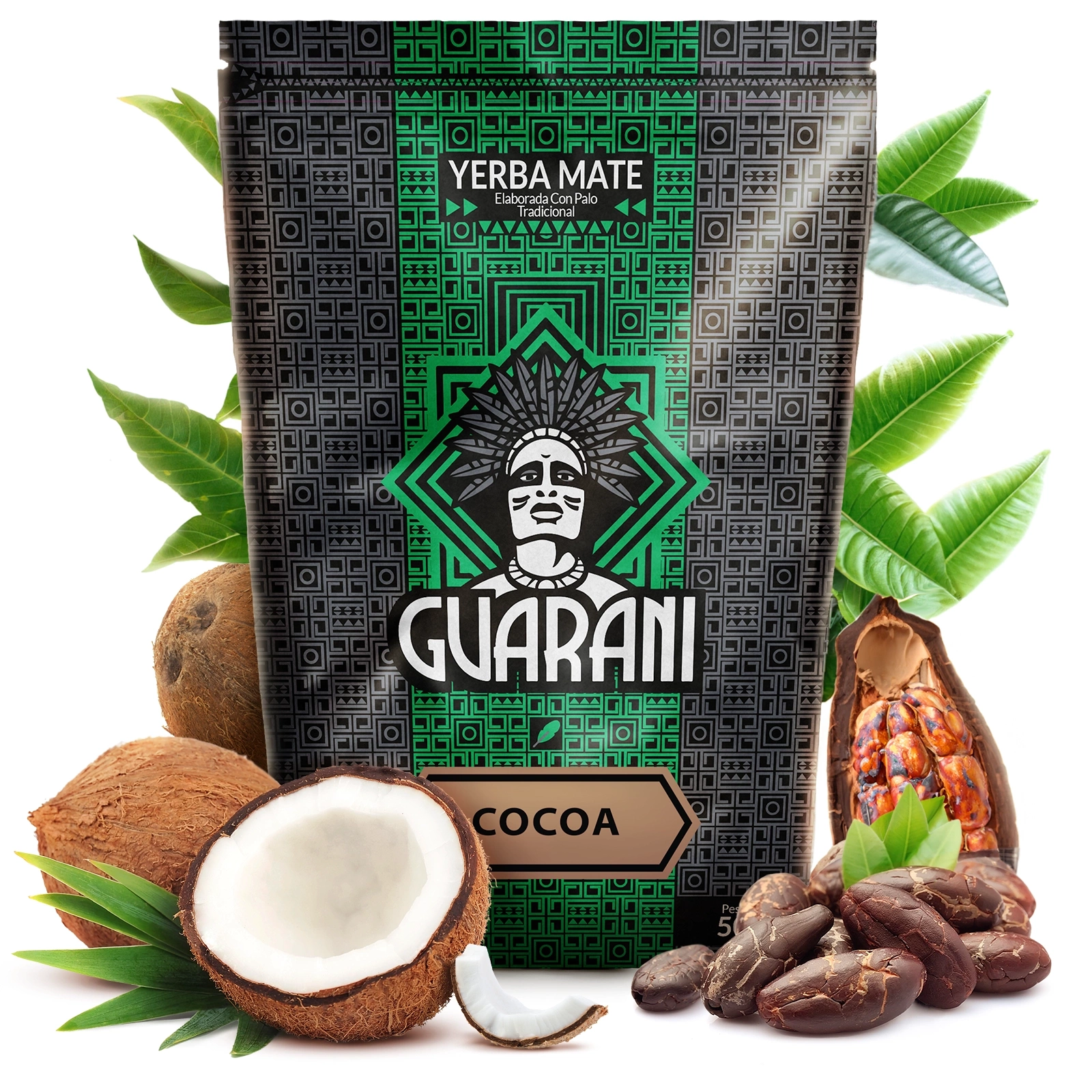 Nærbilde av Guarani Cocoa yerba mate med synlige kokosflak og biter av ekte kakao
