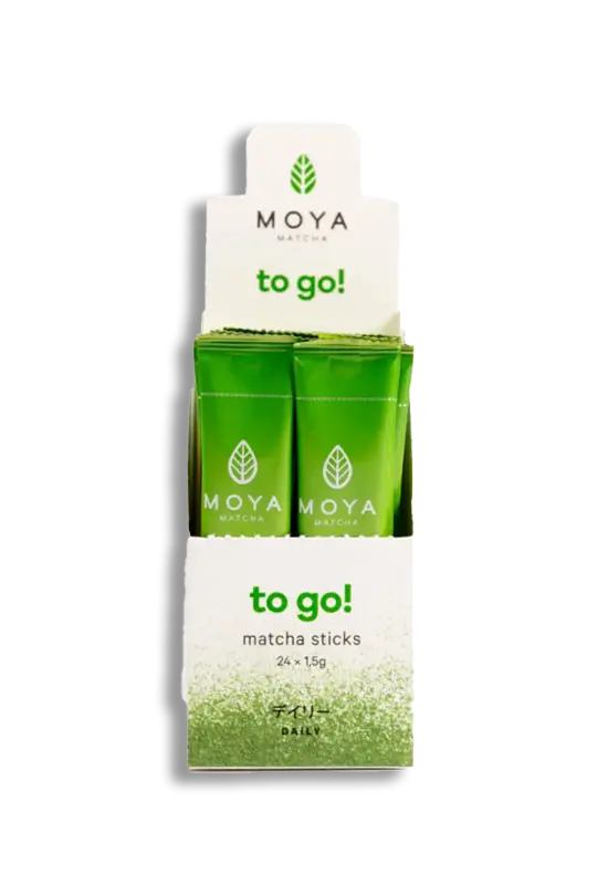 Eske med 24 stk Moya Matcha Daglig To Go! porsjonsposer for enkel blanding i vann eller melk.