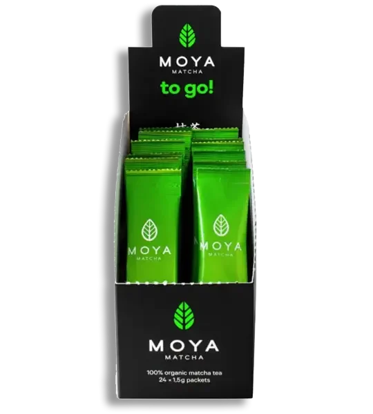 Eske med 24 stk Moya Matcha To Go! porsjonsposer for enkel tilberedning på farten.