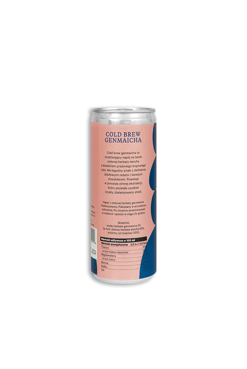 Baksiden av en boks med Moya Cold Brew Genmaicha på hvit bakgrunn, som viser den polske produktbeskrivelsen, ingredienslisten og næringstabellen.