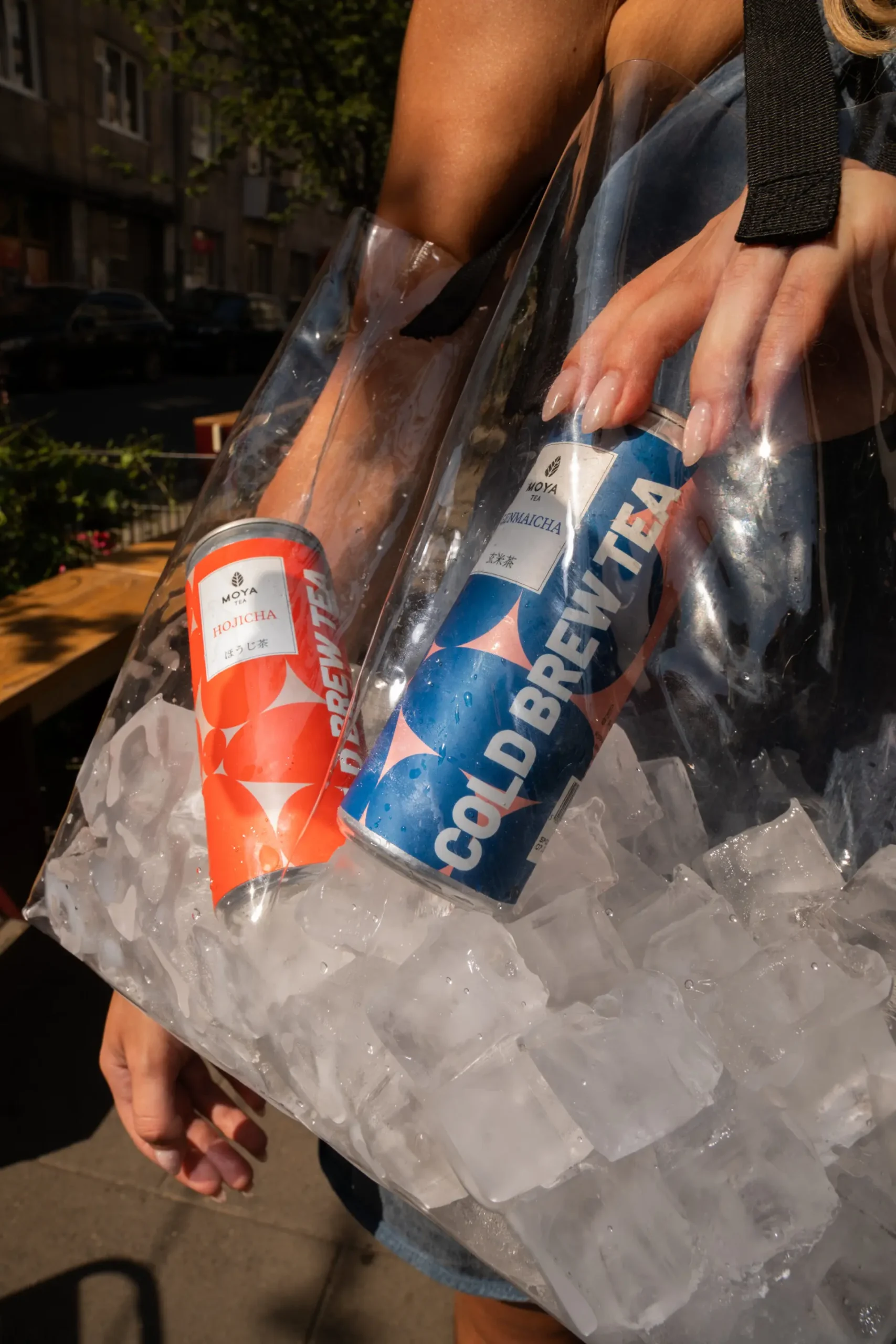 En person som bærer en gjennomsiktig veske fylt med isbiter, en boks Moya Genmaicha Cold Brew og en boks Moya Hojicha utendørs på en solrik dag.